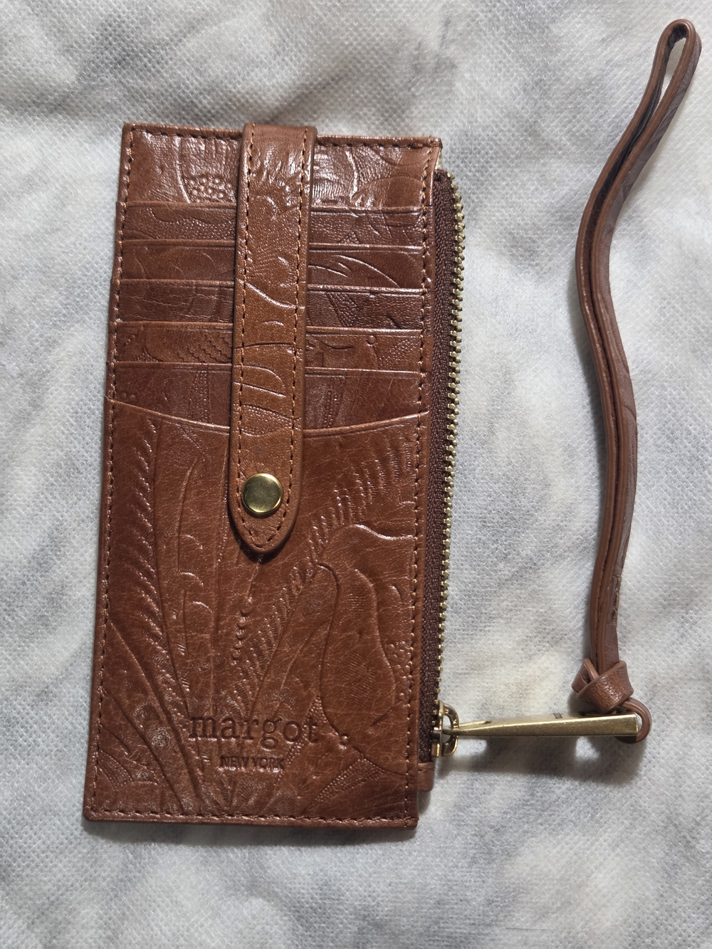 Margot NY Brown Tan Tooled Leather Wallet cardcase With Wristlet NWOT